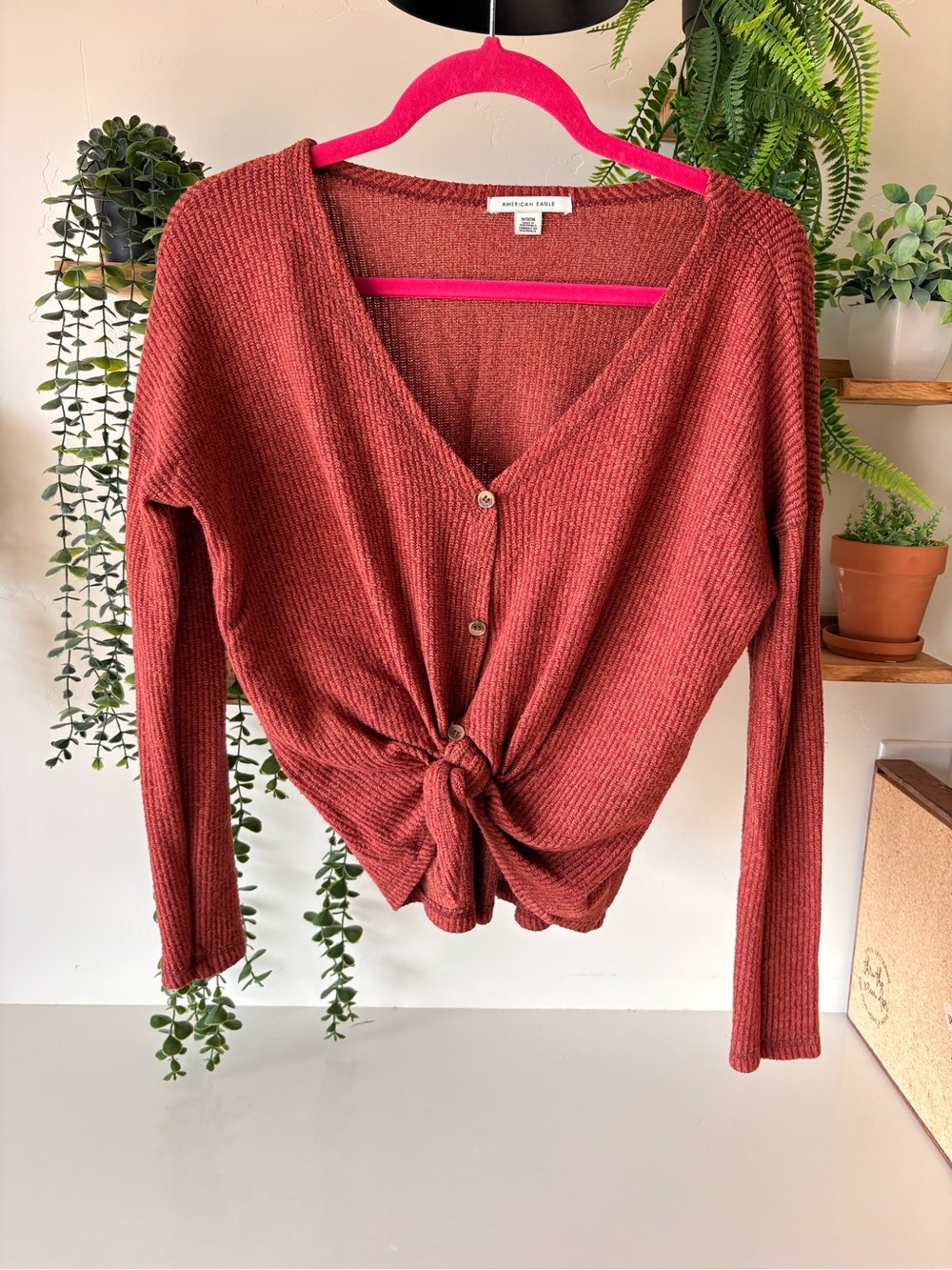 American Eagle Outfitters Rust Red Button-Front Knit Top